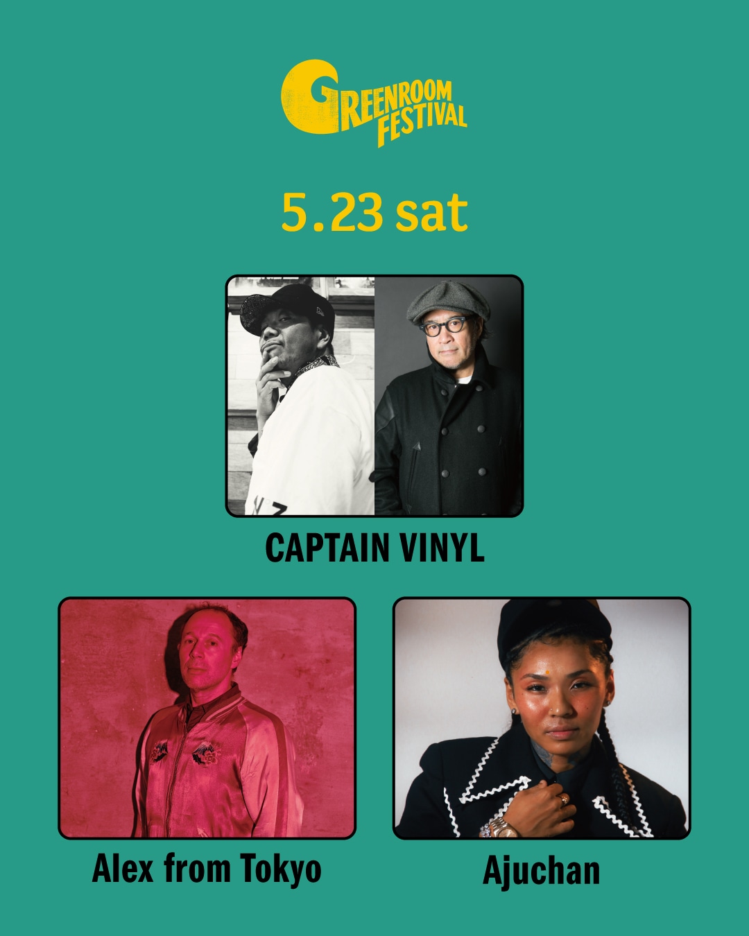 「GREENROOM FESTIVAL'26」5月23日公演に出演するCAPTAIN VINYL（DJ NORI、MURO）、Alex from Tokyo、Ajuchan。