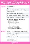 「CDTVライブ！ライブ！春フェス4時間スペシャル」21:00台と22:00台のタイムテーブル。