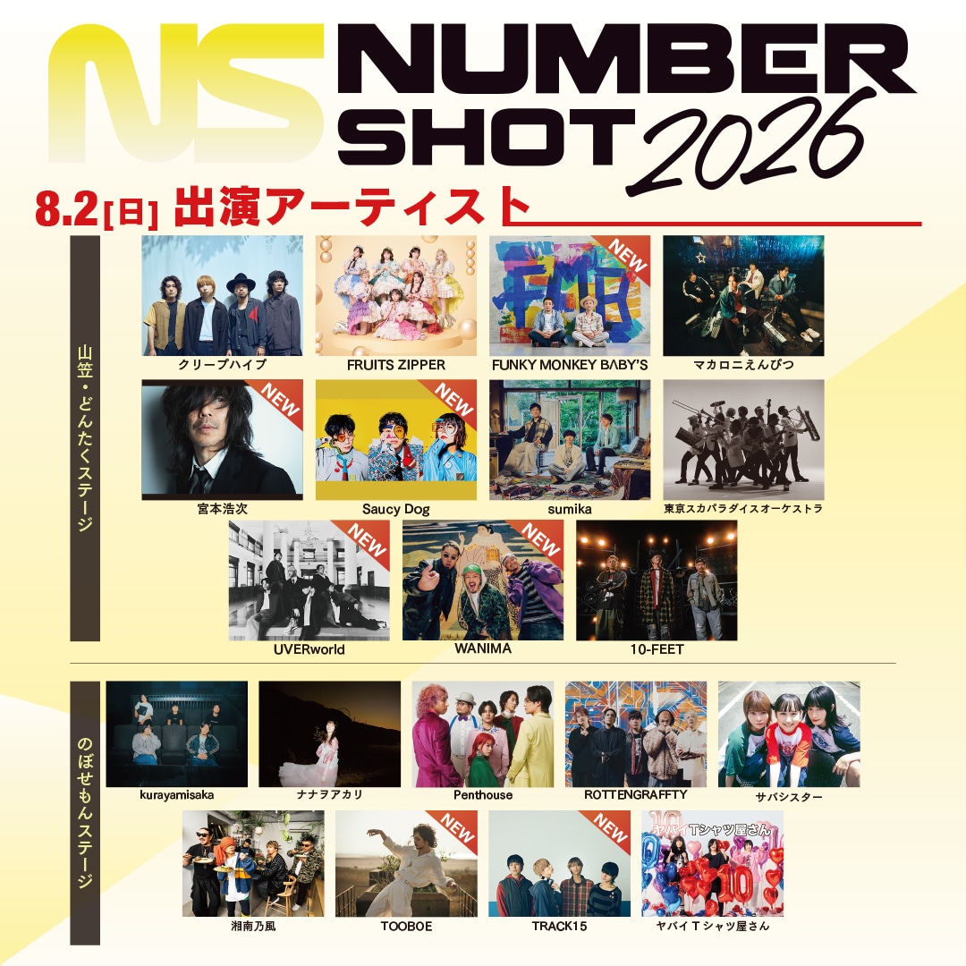 「NUMBER SHOT2026」出演アーティスト第3弾より8月2日公演のラインナップ。