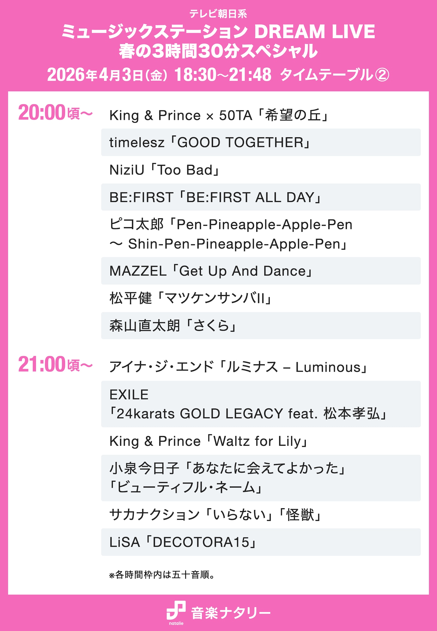 本日放送「Mステ」3時間半スペシャルのタイムテーブル発表！キンプリ、小泉今日子、BE:FIRSTら出演者の登場時間・歌唱曲は