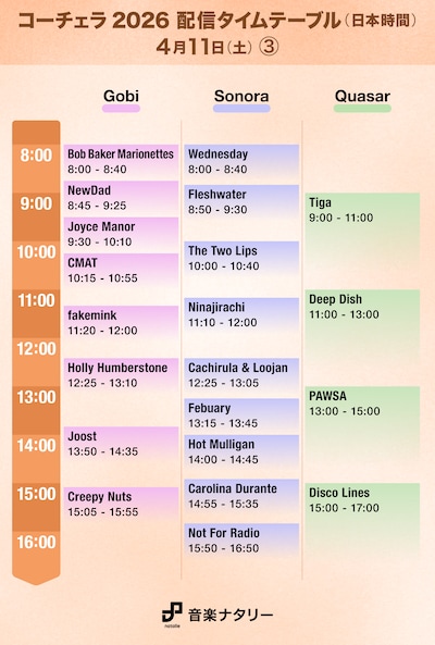 「Coachella Valley Music and Arts Festival」日本時間4月11日（土）「Gobi」「Sonora」「Quasar」配信タイムテーブル