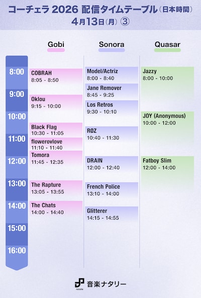 「Coachella Valley Music and Arts Festival」日本時間4月13日（月）「Gobi」「Sonora」「Quasar」配信タイムテーブル