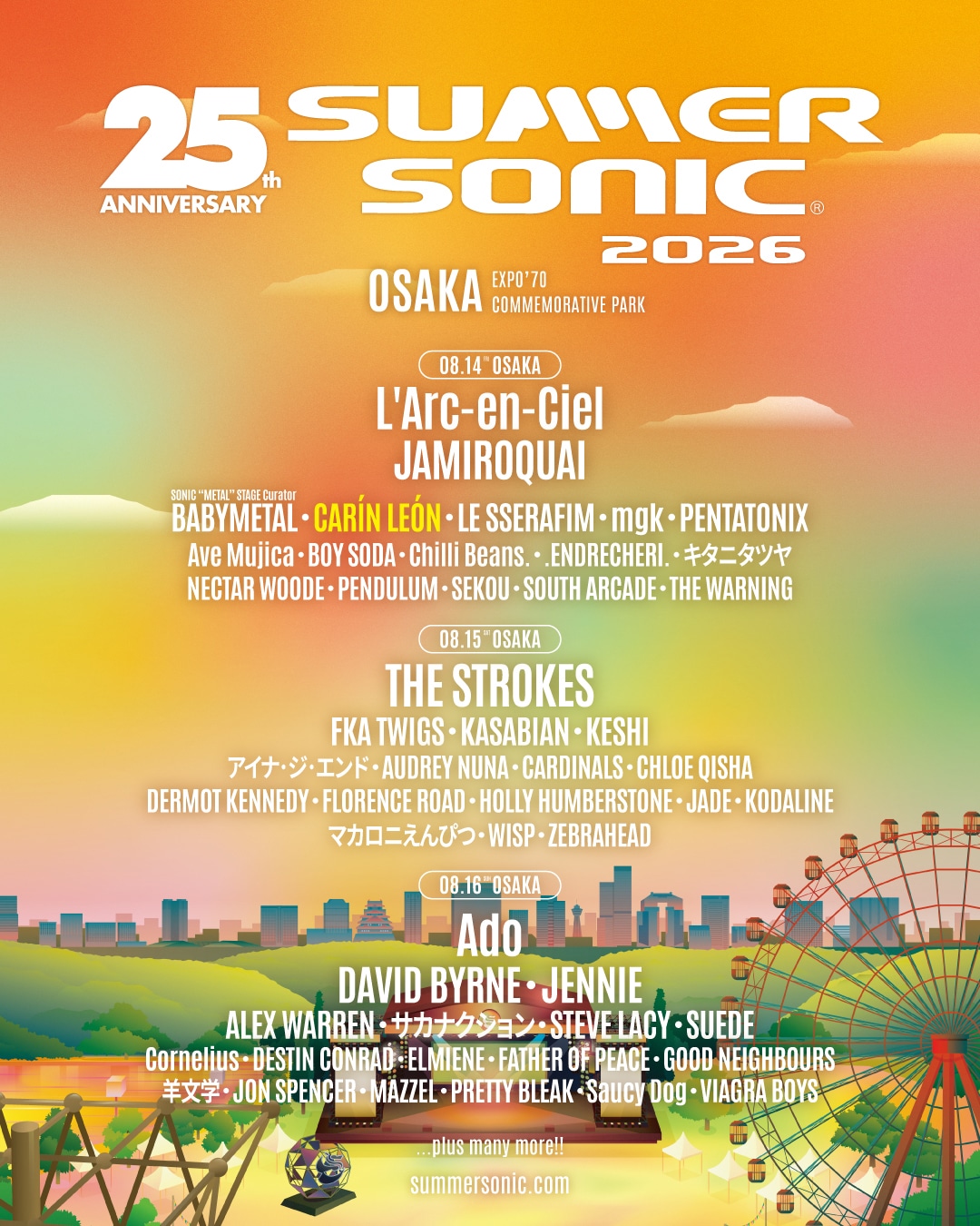 「SUMMER SONIC 2026」OSAKA公演の出演者一覧。