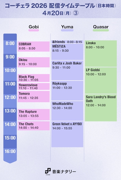「Coachella Valley Music and Arts Festival」日本時間4月20日（月）「Gobi」「Yuma」「Quasar」配信タイムテーブル
