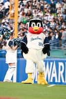 神宮球場をゆっくり練り歩くマスコット・つば九郎。
