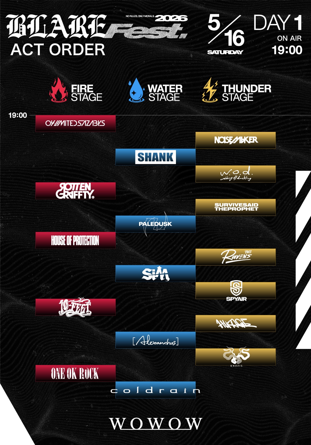 WOWOW「BLARE FEST. 2026」DAY 1放送スケジュール。