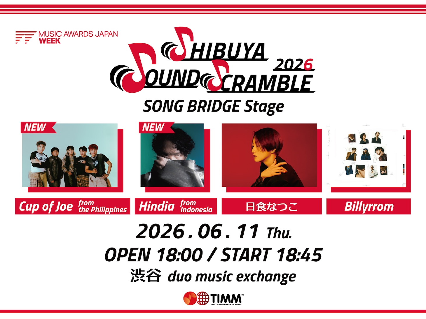 「MUSIC AWARDS JAPAN WEEK SPECIAL LIVE -Shibuya Sound Scramble 2026-」より、東京・渋谷duo MUSIC EXCHANGE公演の出演アーティスト。