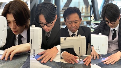 ミシンを操作する松島聡（timelesz）、横山裕（SUPER EIGHT）、城島茂、髙地優吾（SixTONES）。©日本テレビ