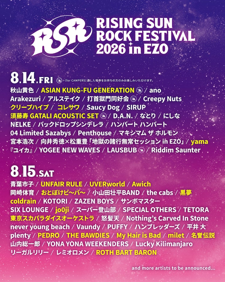 「RISING SUN ROCK FESTIVAL 2026 in EZO」2026年5月22日時点での出演者一覧。