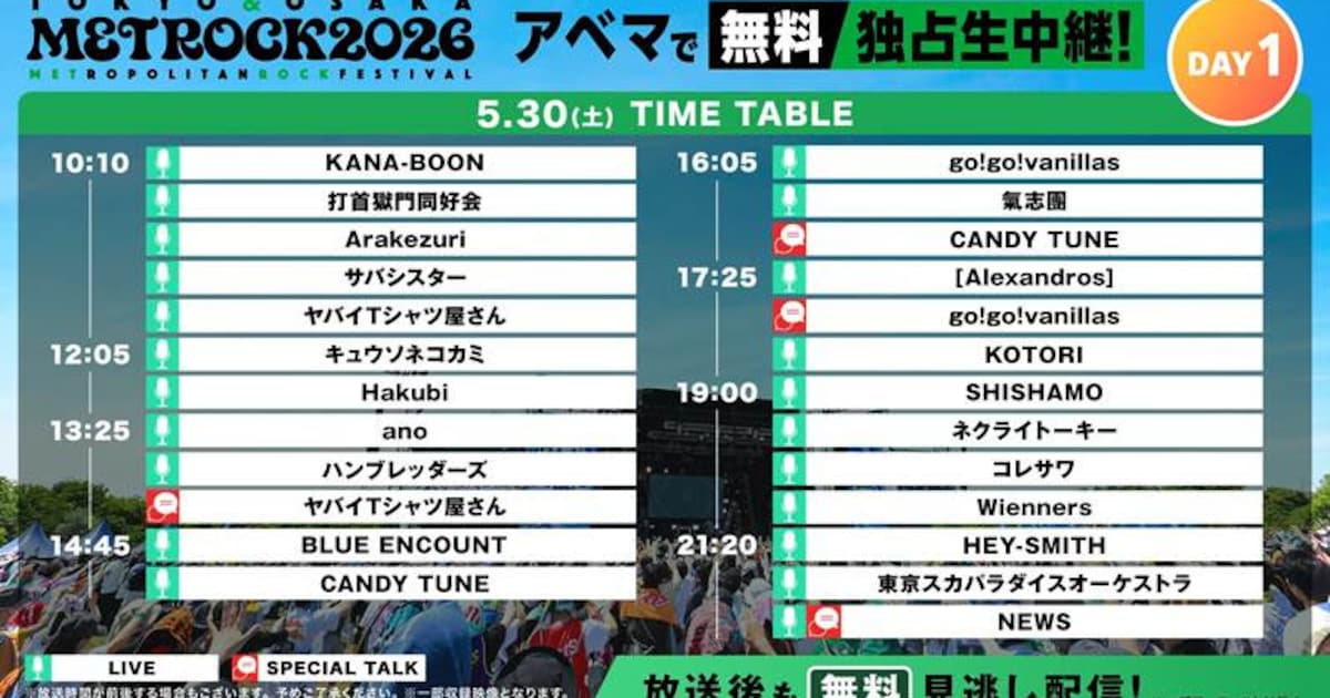 本日&明日開催「メトロック」大阪、ABEMAで無料配信 6月活動終了のSHISHAMOも出演