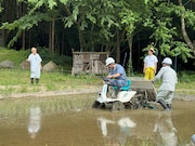 田植えに挑戦する奥田民生（中央）。「所さんの目がテン！」の特別企画「かがくの里特別編 所ジョージ・奥田民生 里の母屋にお泊まりSP！」より。