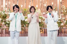 8月15日にNHK総合ほかで放送される新たな夏の音楽特番「夏の音楽祭 うたであえたら 2026」の司会陣。左より大森元貴（Mrs. GREEN APPLE）、北川景子、二宮和也。