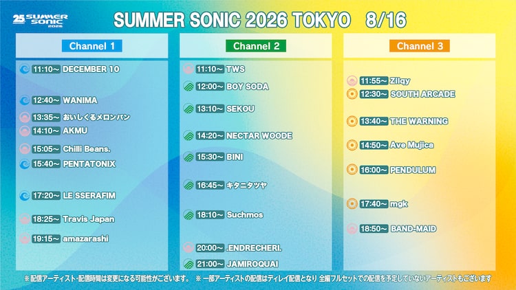 WOWOWオンデマンド「SUMMER SONIC 2026」DAY 3のタイムテーブル。