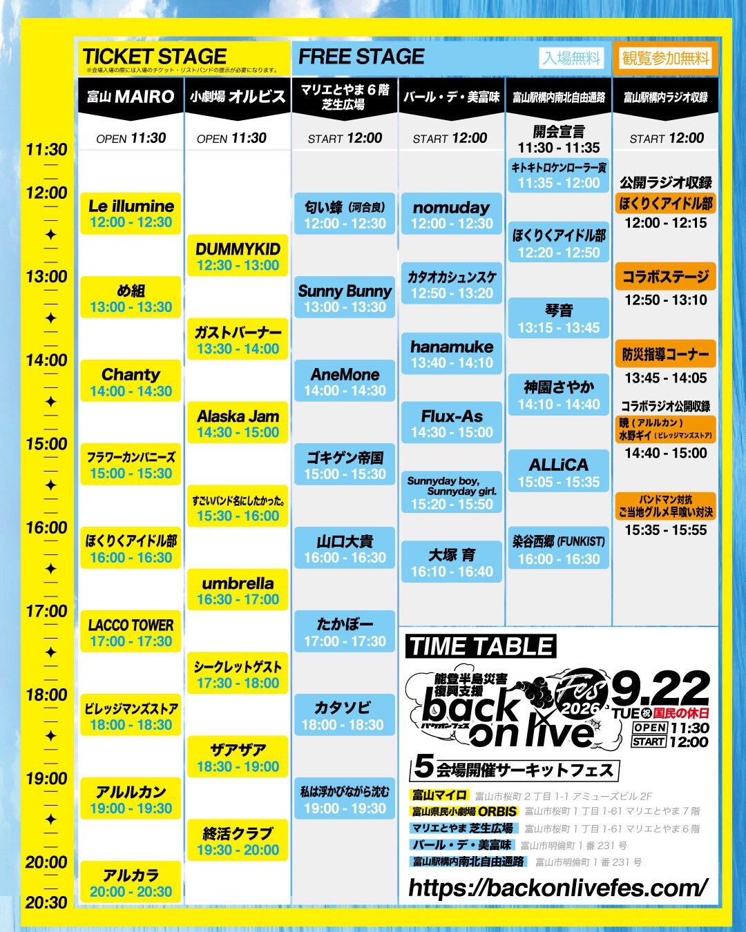 アルカラ、アルルカン、フラカンら出演　能登地震復興支援の富山フェス「back on live FES」開催