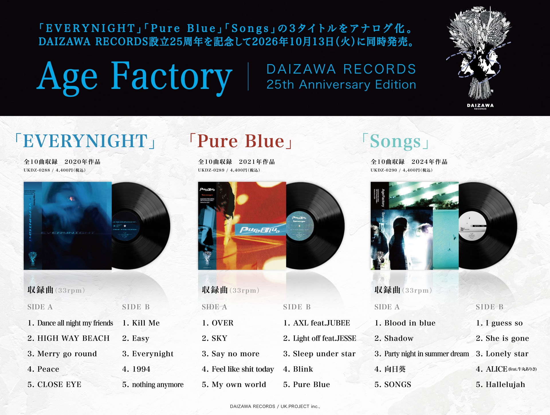 Age Factoryアナログ3作品の詳細が明らかに、DAIZAWA RECORDS設立25