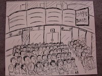 法廷画家・はいじぃによるイラスト。通常の法廷画家が描かない珍しい傍聴席の様子。座席の最後列にはマンガのキャラも見え隠れしている。