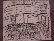 法廷画家・はいじぃによるイラスト。通常の法廷画家が描かない珍しい傍聴席の様子。座席の最後列にはマンガのキャラも見え隠れしている。