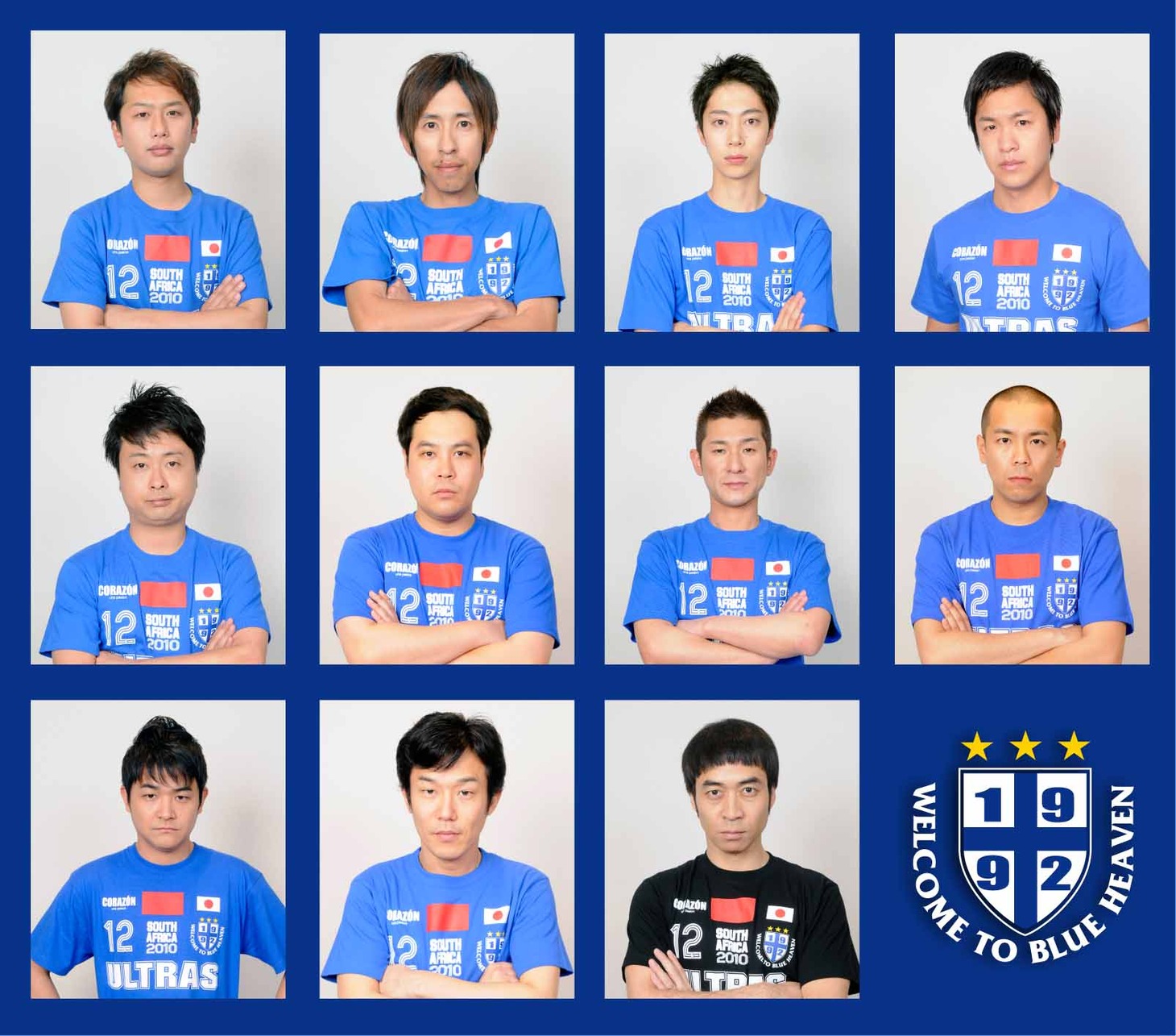 よしもとジャパンのイレブンたち。左上からライセンス井本、キングコング梶原、はんにゃの金田哲と川島章良、次長課長河本、タカアンドトシのタカ、笑い飯哲夫、タカアンドトシのトシ、千鳥ノブ、ペナルティのヒデとワッキー。