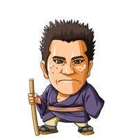 「びっくりぱちんこ 爽快 水戸黄門2」に登場するザ!!トラベラーズplus・ブラックマヨネーズ吉田のアニメキャラクター。(c)KYHD.2010