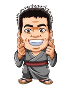 「びっくりぱちんこ 爽快 水戸黄門2」に登場するザ!!トラベラーズplus・雨上がり決死隊宮迫のアニメキャラクター。(c)KYHD.2010