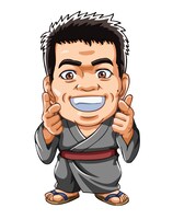 「びっくりぱちんこ 爽快 水戸黄門2」に登場するザ!!トラベラーズplus・雨上がり決死隊宮迫のアニメキャラクター。(c)KYHD.2010