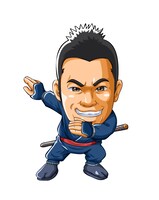 「びっくりぱちんこ 爽快 水戸黄門2」に登場するザ!!トラベラーズplus・オリエンタルラジオ中田のアニメキャラクター。(c)KYHD.2010