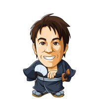 「びっくりぱちんこ 爽快 水戸黄門2」に登場するザ!!トラベラーズplus・トータルテンボス大村のアニメキャラクター。(c)KYHD.2010