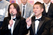 今年がラストイヤーとなる笑い飯。「優勝できなかったら、森で動物たちとひっそりと暮らします。社会的に死にます」と西田(左)。一方の哲夫(右)は、「優勝したら腕に“チンポジ”とタトゥーを入れます」と語った。