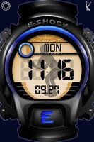 iPhoneアプリ「江頭2:50のオレが時計だ」に搭載されている「腕時計」。時刻表示のバックには江頭のシルエットが映し出されている。