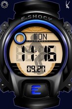 iPhoneアプリ「江頭2:50のオレが時計だ」に搭載されている「腕時計」。時刻表示のバックには江頭のシルエットが映し出されている。