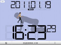 iPad専用アプリ「江頭2:50の オレが時計だ～ほぼ実寸大?!～（for iPad）」の「置き時計」画面（横置き）。