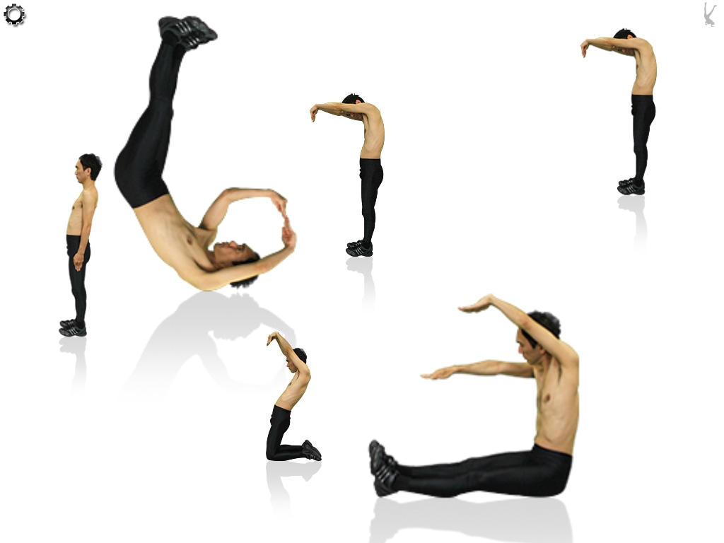 iPad専用アプリ「江頭2:50の オレが時計だ～ほぼ実寸大?!～（for iPad）」の「人時計」画面（横置き）。