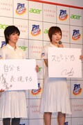 空手の宇佐美里香選手、バドミントンの打田しづか選手（左から）。