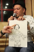 川島が描いた「理想のダムガール」。着物には放流をイメージした精子の模様が描かれており、バイクに2人乗りするために下半身はパンツ1枚という状態になっている。