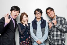 「Quick Japan」100号記念企画でインタビューに応じる「ゴッドタン」レギュラーの劇団ひとり、松丸友紀（テレビ東京アナウンサー）、おぎやはぎ（左から）。