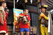 勝俣州和、猫ひろし、竹中直人（左から）。猫ひろしは「たいていこの格好で猫を抱くと引っかかれるが、おとなしくていい猫」と猫のプスプスくんに親愛の情を寄せていた。