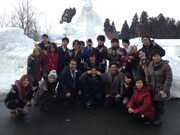 ハイキングQ太郎が地元新潟の雪山でCM撮影