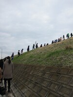 RGについて土手をのぼる参加者たち。