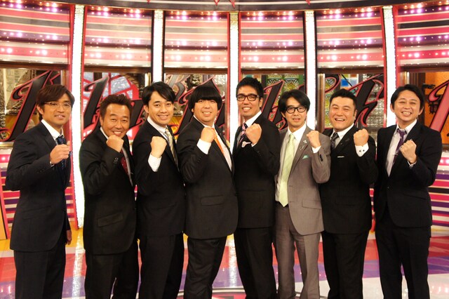 リニューアルされた「キカナイトF」に出演する、さまぁ～ず、バナナマン、おぎやはぎ、アンタッチャブル山崎、有吉弘行（左から）。