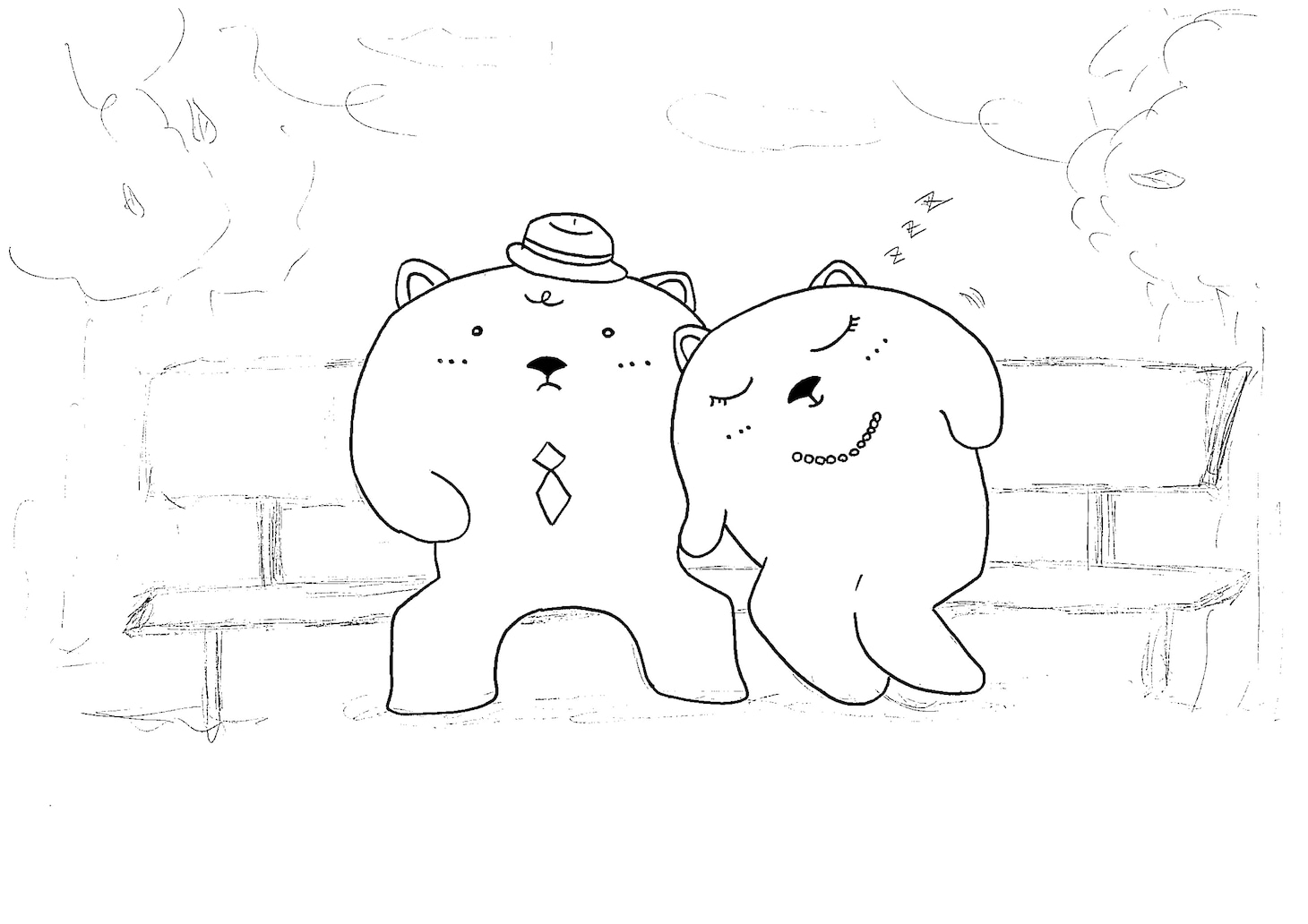 サミットクラブ・ムラコが描いた、堀内孝雄の新曲「笑うは薬」MVのアニメVer.「ベヤン太編」のイラストのラフスケッチ。