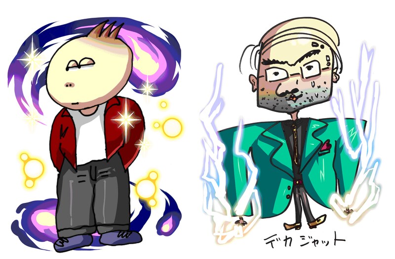 ソーシャルゲーム「大召喚!!マジゲート」に登場するさまぁ～ず直筆のオリジナルモンスター。左が三村の「みむらー」、右が大竹の「デカジャット」。(c)gloops, Inc.