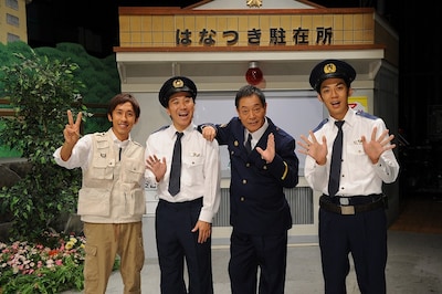 「熱血！人情派コメディ しゃかりき駐在さん」レギュラーのキングコングと月亭八光、ゲストの月亭八方。(c)ABC