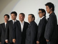 全国公開がスタートした北野武監督映画「アウトレイジ ビヨンド」の初日舞台挨拶。（左から）加瀬亮、三浦友和、北野武、西田敏行、高橋克典、桐谷健太が出席。