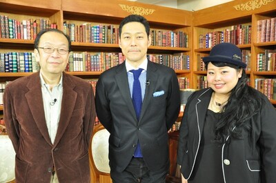 2月7日より毎週木曜深夜放送の「ツキギメ！『ディクショナリーTV 見る日本語ランド』」MCを務める東野幸治（中央）、渡辺直美（右）、金田一秀穂（左）。(c)KTV