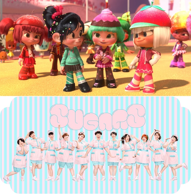 映画「シュガー・ラッシュ」のイメージ（上段）。（左端の）ジュビリーナを森三中・村上、（手前右から2人目の）キャンドルヘッドを森三中・黒沢、（手前右端の）タフィタを友近が演じる。(c)2013 Disney