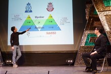 「バナナ社新作発表会」と題して、笑いを織り交ぜながら新ランキングシステムを説明するシソンヌ。