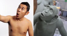 左はナインティナイン岡村。右はその表情をもとに作られた猿人の顔。写真は「無邪気なひょうきんさ」を示した猿人家族の子供の表情。