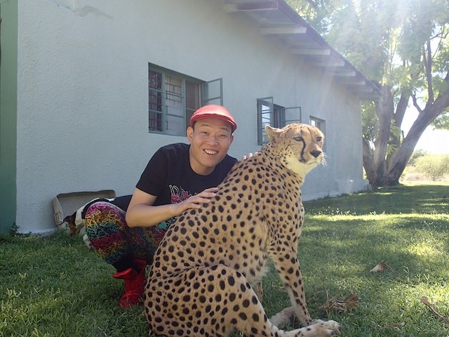 4月スタート「世界の村で発見！こんなところに日本人」より、ナミビアでチーターと触れ合う千原せいじ。(c)ABC