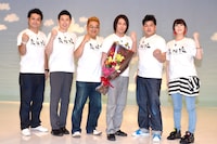 「東北魂TV」に出演する（左から）トミドコロ、マギー審司、サンドウィッチマン伊達、狩野英孝、サンドウィッチマン富澤、鳥居みゆき。狩野は急性虫垂炎から復帰後、初の収録に参加した。