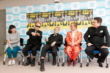会見に登場した（左から）未知やすえ、が～まるちょば、池乃めだか、烏川耕一。